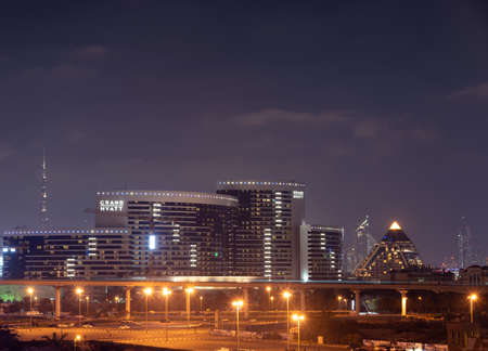 Dubai,UAE, Jan 14th, 2021. View of the illuminated Grand Hyatt hotel and The Wafi Mall captured from the gharhoud bridge Dubai,UAE.のeditorial素材