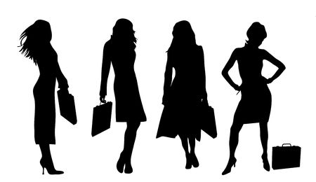 four silhouettes of business women in various poses on whiteの写真素材