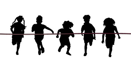 silhouette of five children racing to red ribbon finish line on whiteの写真素材