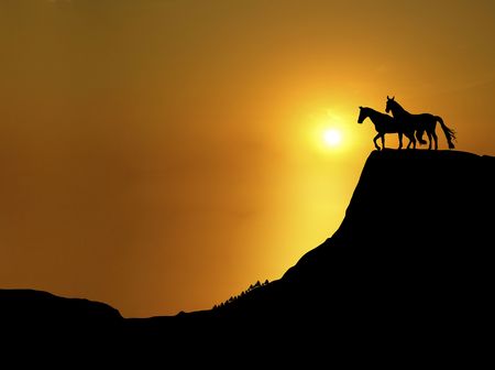 illustration of horses on mountain ridge at sunsetの写真素材