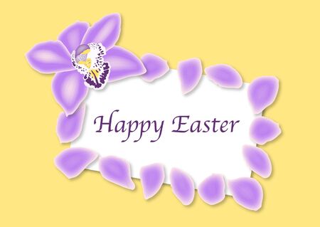 Illustration of Happy Easter card bordered by orchid flower and petalsの写真素材