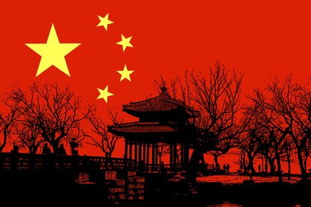 illustration of Beijing Summer Palace on China Flagのeditorial素材