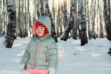 A little girl in a birch grove at sunsetの写真素材