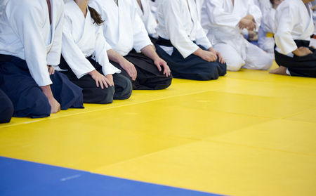 People in kimono and hakama sitting on tatami on martial arts training seminarの写真素材
