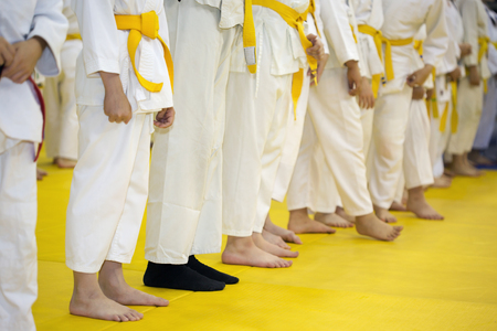 Group of children in kimono standing on tatami on martial arts training seminarの写真素材
