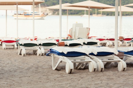 Empty sunbeds in a row on the sand beach at a sunsetの写真素材