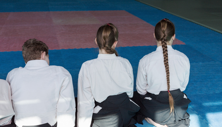 Group of children in kimono and hakama sitting on tatami on martial arts training seminarの写真素材