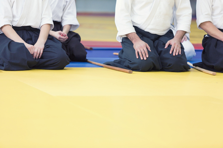 People in kimono on martial arts weapon training seminar. Selective focusの写真素材