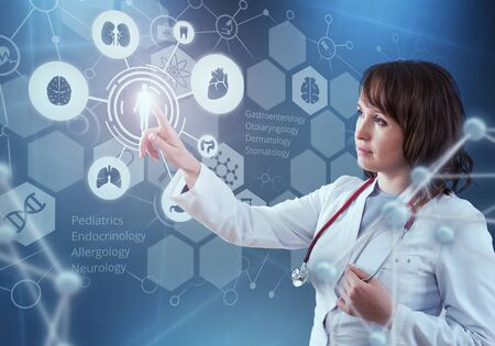 Beautiful female and virtual computer interface in 3D illustrationの写真素材