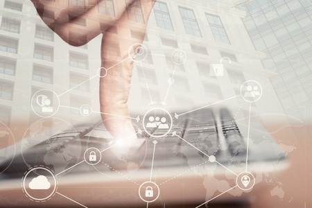 Female typing on laptop computer keyboard. Internet security conceptの写真素材