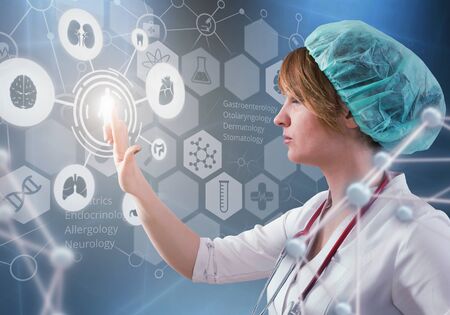 Beautiful female doctor and virtual computer interface in 3D illustrationの写真素材