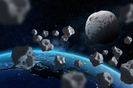 Asteroids flying close to the planet Earth. Elements of this image furnished by NASA