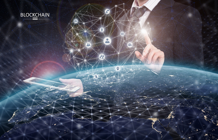 Global financial network. Blockchain encryption concept. 3D rendering elements of this image furnished by NASAの写真素材