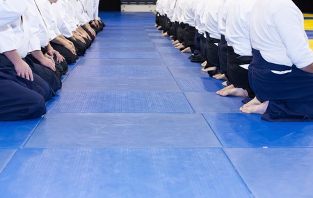 People in kimono and hakama on martial arts trainingの写真素材