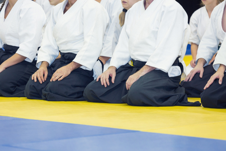 People in kimono and hakama on martial arts trainingの写真素材