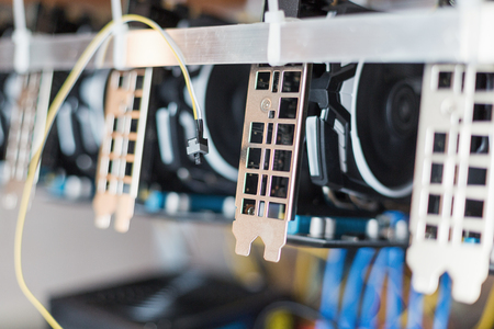 Cryptocurrency mining rack with graphics cardsの写真素材