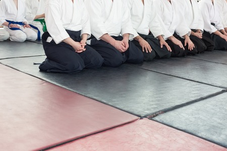 People in kimono and hakama on martial arts trainingの写真素材