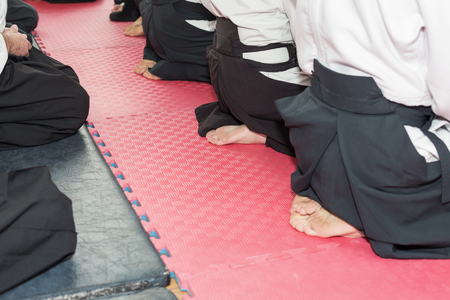 People in kimono and hakama on martial arts trainingの写真素材