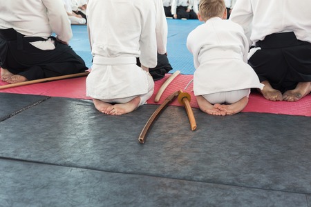 People in kimono on martial arts weapon training seminarの写真素材