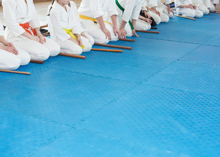 People in kimono on martial arts weapon training seminarの写真素材