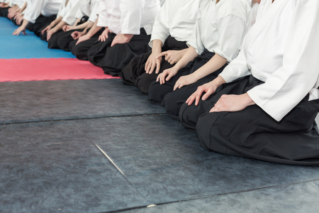 People in kimono and hakama on martial arts trainingの写真素材