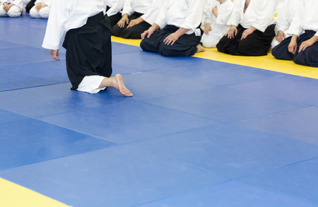 People in kimono and hakama on martial arts trainingの写真素材