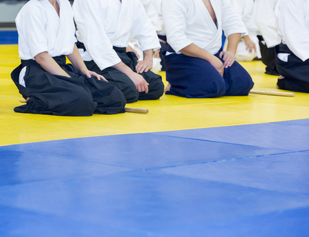 People in kimono on martial arts weapon training seminarの写真素材