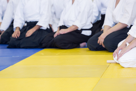 People in kimono and hakama on martial arts trainingの写真素材