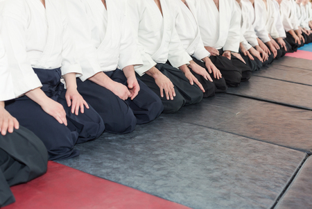 People in kimono and hakama on martial arts trainingの写真素材