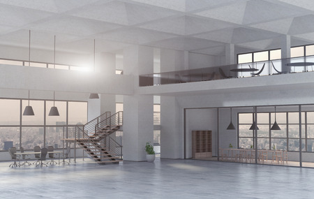 The modern office interior in a daytime. 3D renderの写真素材