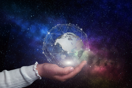 Innovative technology. Future global connections concept. Childs hand in collageの写真素材