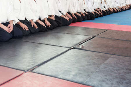 People in kimono and hakama on martial arts trainingの写真素材
