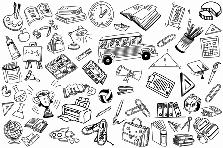 School and education doodles hand drawn sketch with symbols and objectsの写真素材