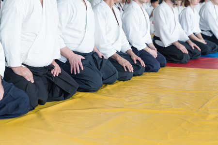 People in kimono and hakama on martial arts trainingの写真素材