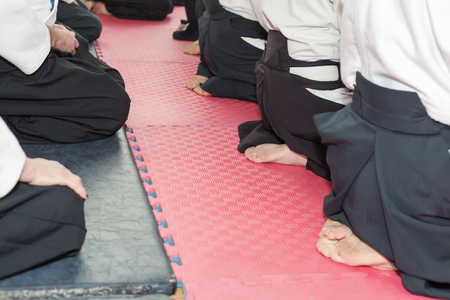 People in kimono and hakama on martial arts trainingの写真素材