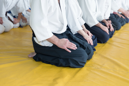 People in kimono and hakama on martial arts trainingの写真素材