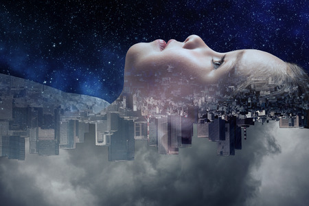 Face of a cute girl and modern city on the backgroundの写真素材