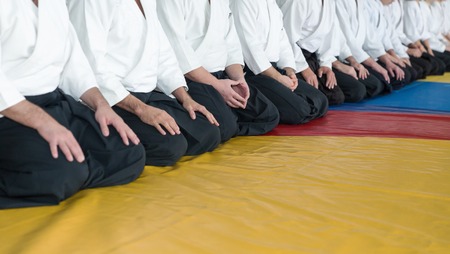 People in kimono and hakama on martial arts trainingの写真素材
