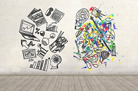 Science and Arts sketch drawn on a plastered wallの写真素材