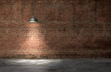 An interior with a red brick wall and concrete floor and a lamp. 3d renderの写真素材