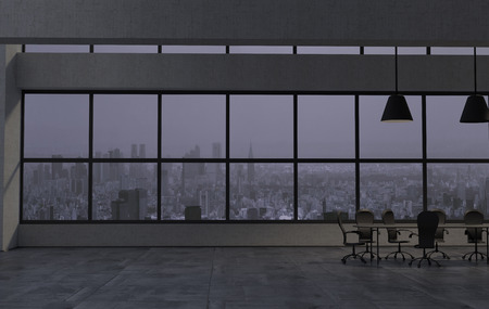 The modern office interior in the late evening. 3D renderの写真素材