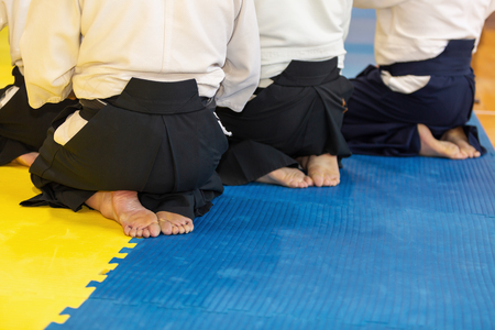 People in kimono and hakama on martial arts trainingの写真素材