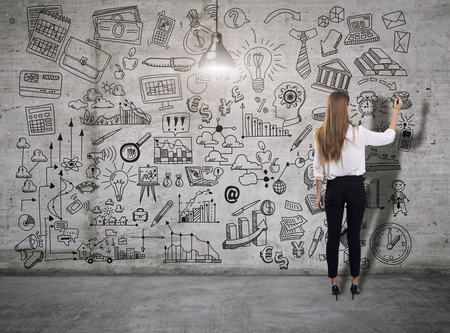 Young woman drawing a business sketch. 3d render elements in collageの写真素材