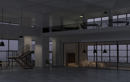 The modern office interior in the late evening. 3D renderの写真素材