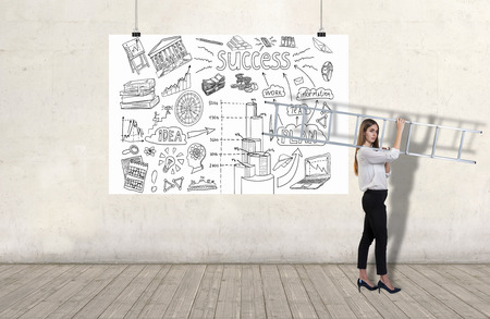 Young woman carrying a ladder by a wall with business plan sketch on a white banner. 3d render elements in collageの写真素材