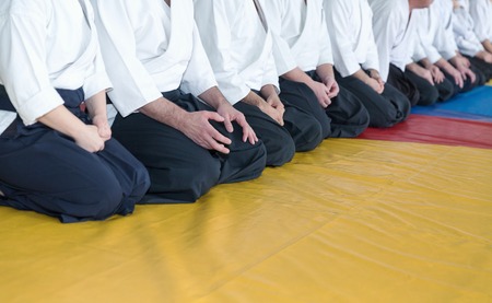 People in kimono and hakama on martial arts trainingの写真素材