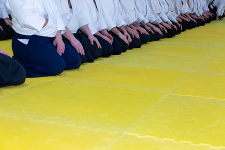 People in kimono and hakama on martial arts trainingの写真素材