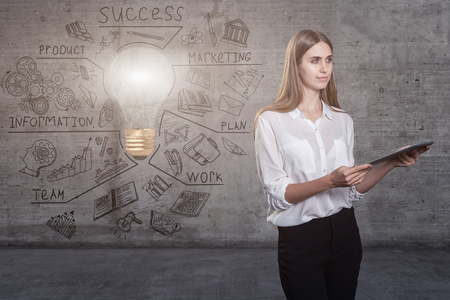 Beautiful business woman against a concrete wall with sketch drawn on it and bright lightbulbの写真素材