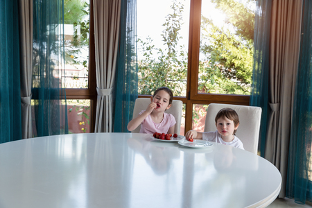 Cute children eating fresh ripe strawberries at homeの写真素材