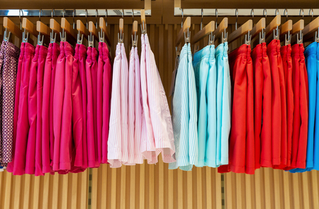 A variety of bright male swimsuits underwear for saleの写真素材